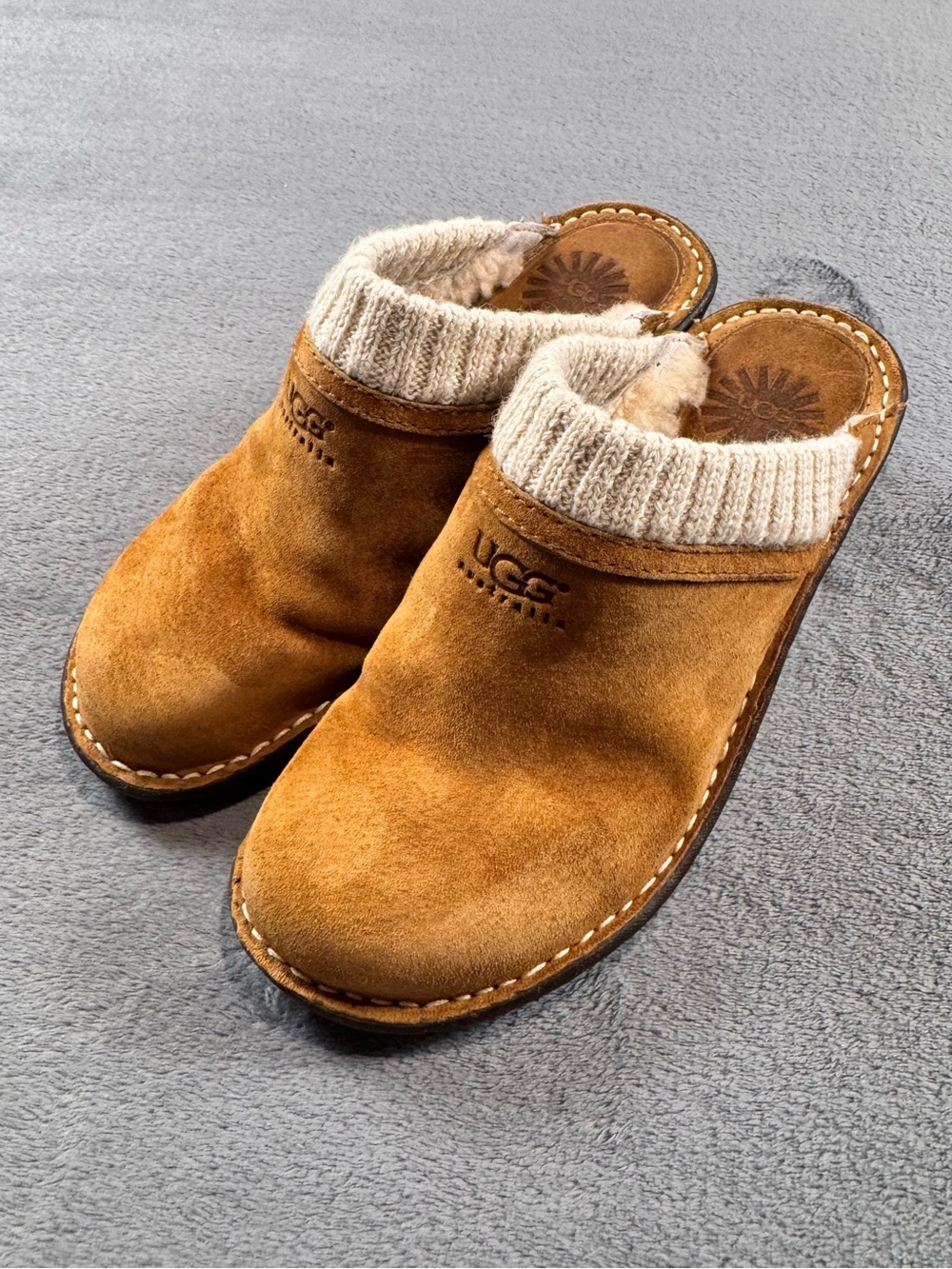 UGG Gael Chestnut Suede Slip-On Clogs with Knit Collar